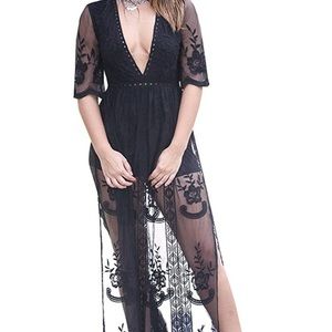 Short Sleeve Long Dress Low V-Neck Lace Romper